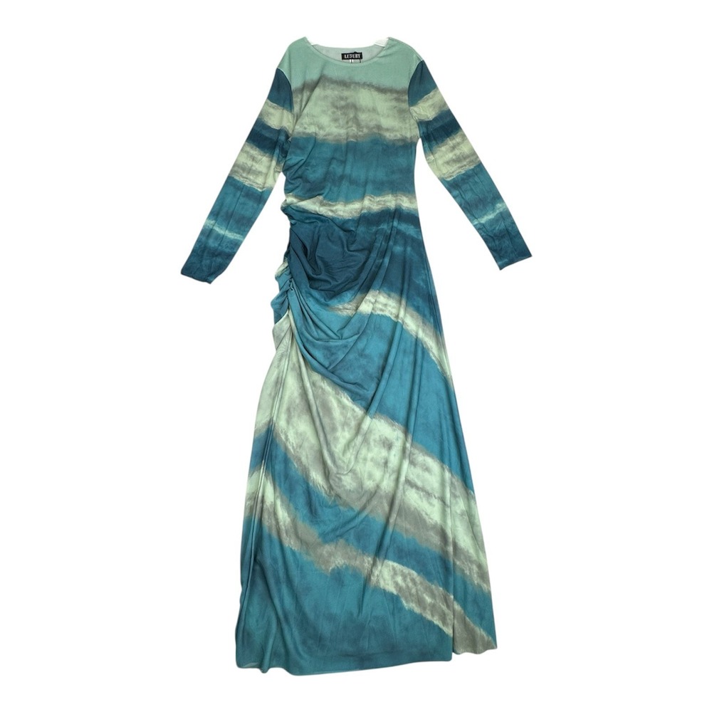 Luxury Tie Dye Maxi Dress Blue Green Ruched Long Sleeve Women's size XL